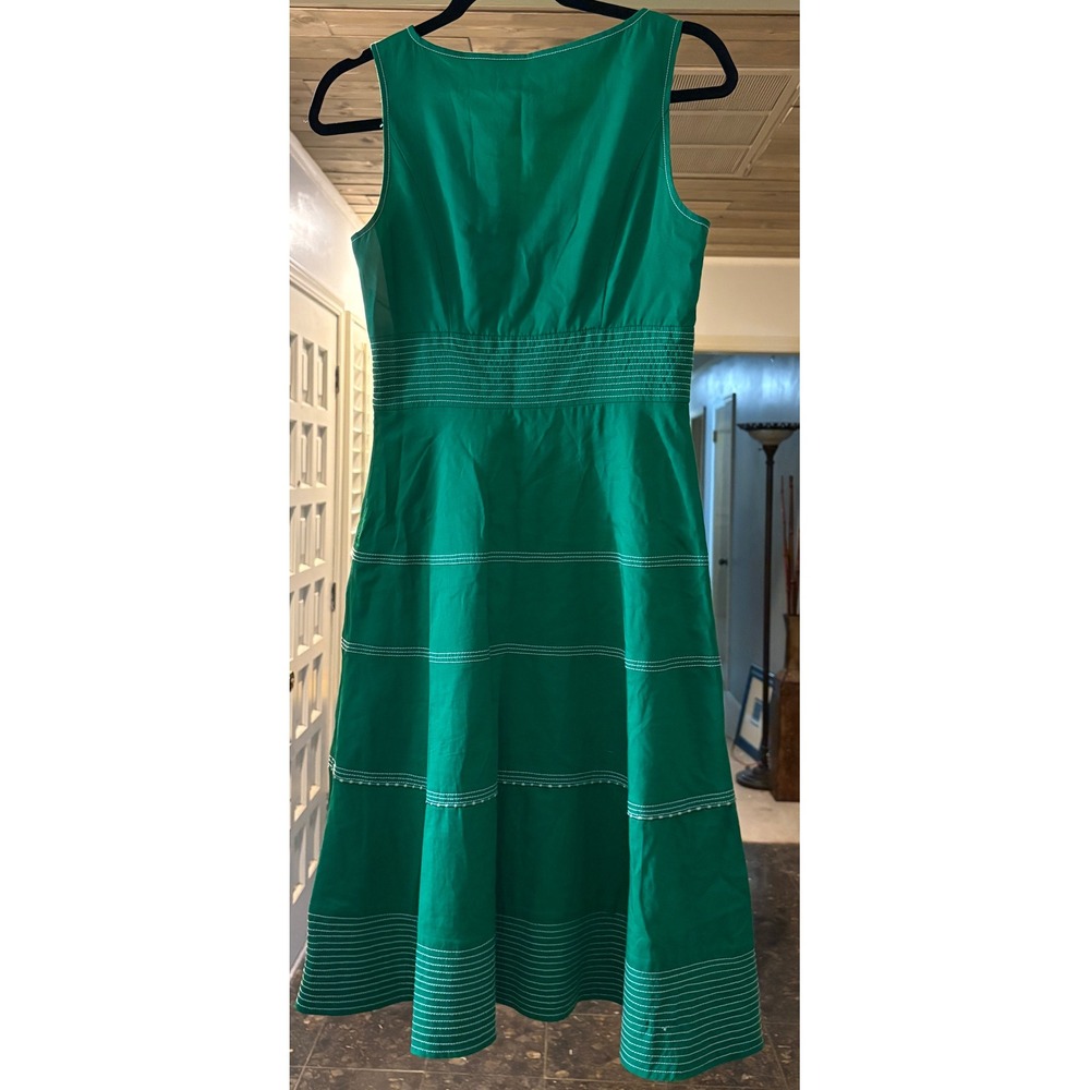 PS Style Green Cotton Fit Flare Dress Contrast Stitch V-Neck P2-83208 Size 4